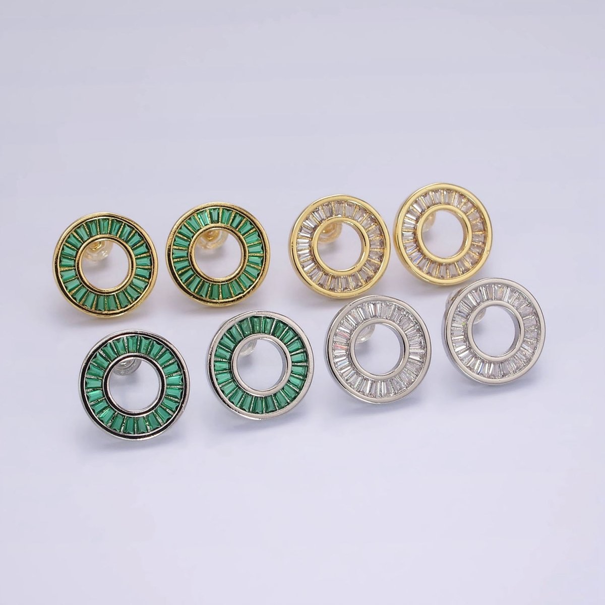 Simple 14K Gold Filled Clear, Green CZ Baguette Lined Open Round Stud Earrings in Gold & Silver