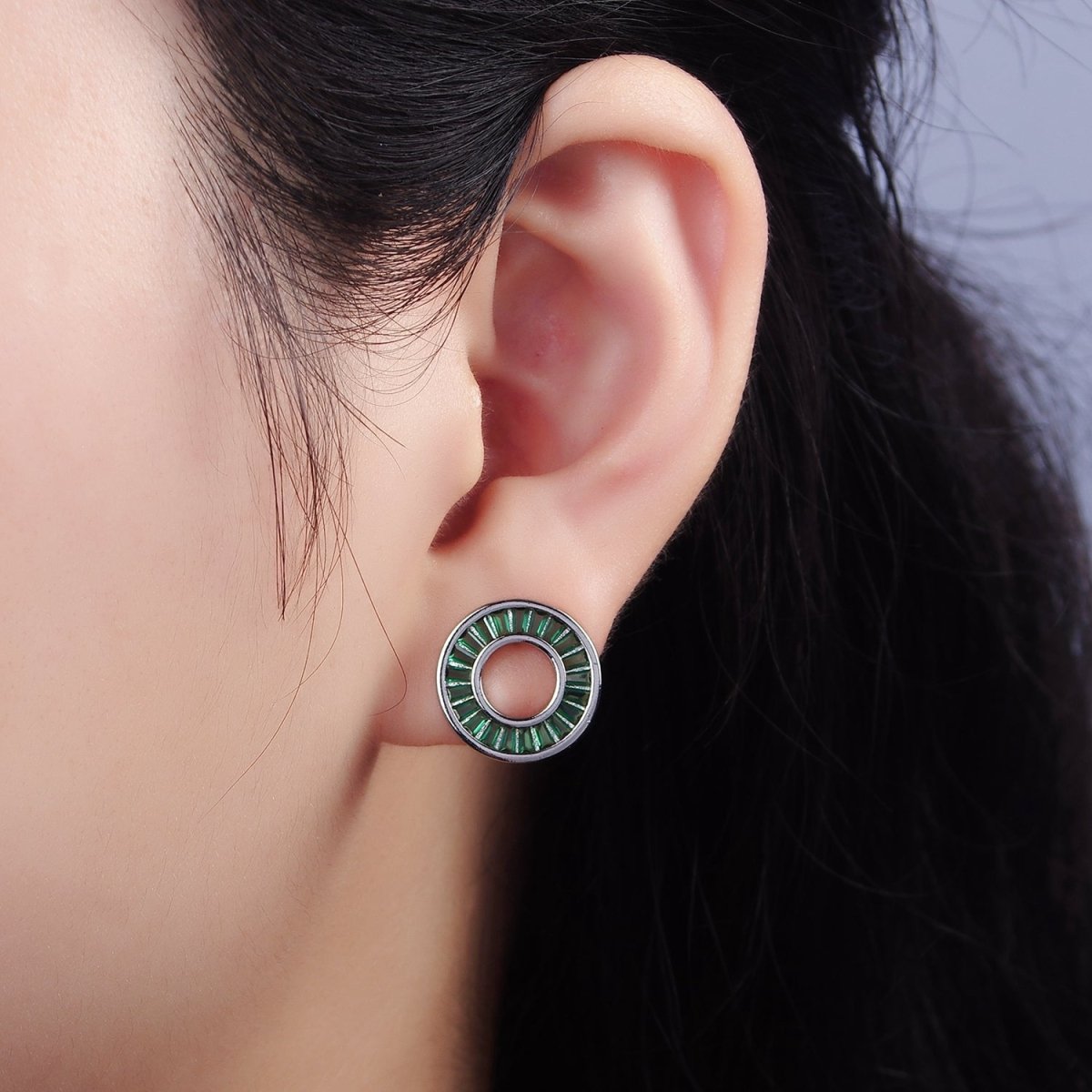 Simple 14K Gold Filled Clear, Green CZ Baguette Lined Open Round Stud Earrings in Gold & Silver