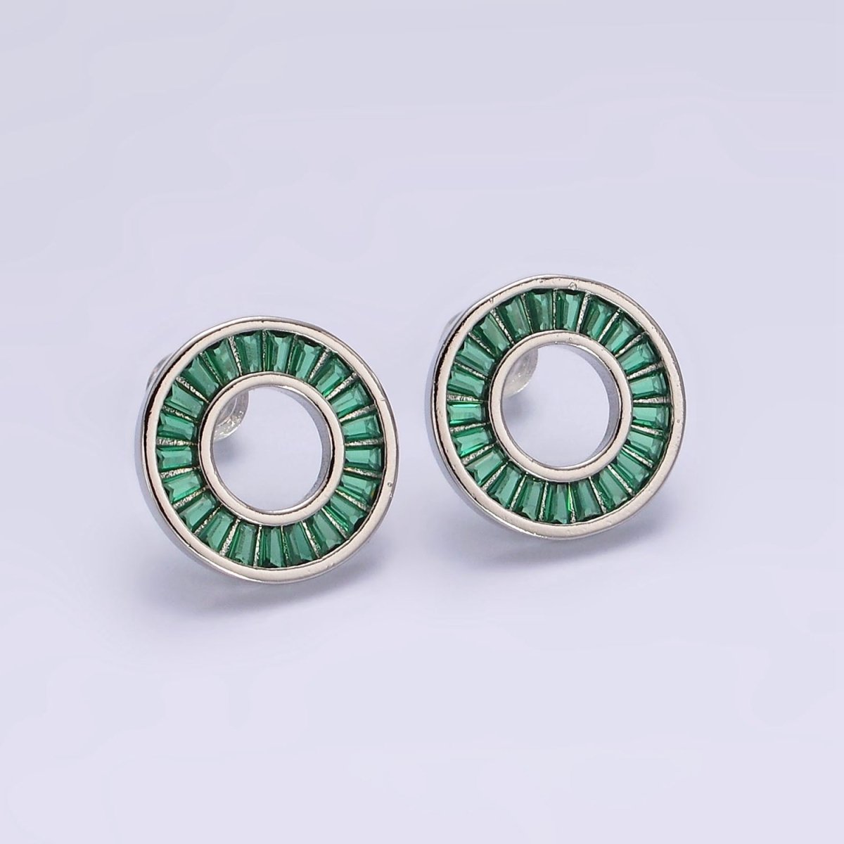 Simple 14K Gold Filled Clear, Green CZ Baguette Lined Open Round Stud Earrings in Gold & Silver