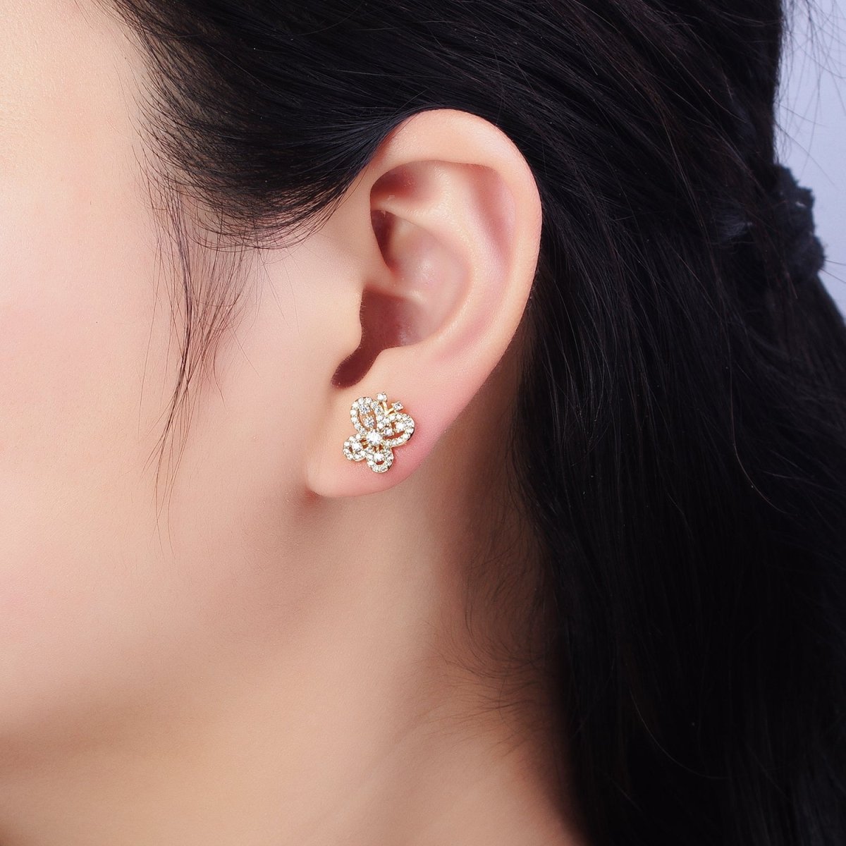 Beautiful 14K Gold Filled Clear Micro Pave CZ Butterfly Mariposa Stud Earrings