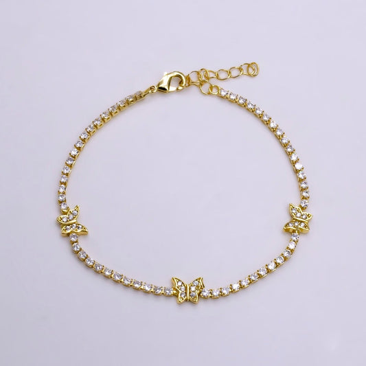 14K Gold Filled Clear Micro Paved CZ Butterfly Tennis Chain 6.7 Inch Bracelet in Gold & Silver