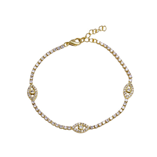 14K Gold Filled Clear Micro Paved CZ Evil Eye Tennis Chain 7 Inch Bracelet in Gold & Silver