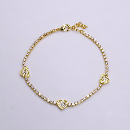 14K Gold Filled Clear Micro Paved CZ Heart Tennis Chain 7 Inch Bracelet in Gold & Silver