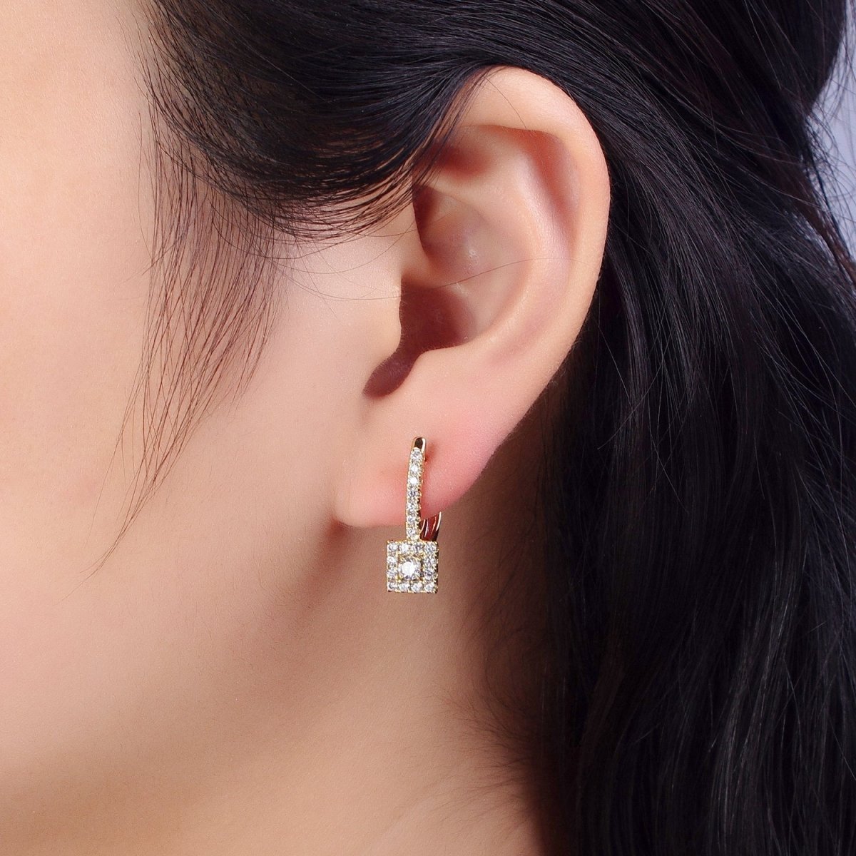 14K Gold Filled Clear Micro Paved CZ Square English Lock Earrings