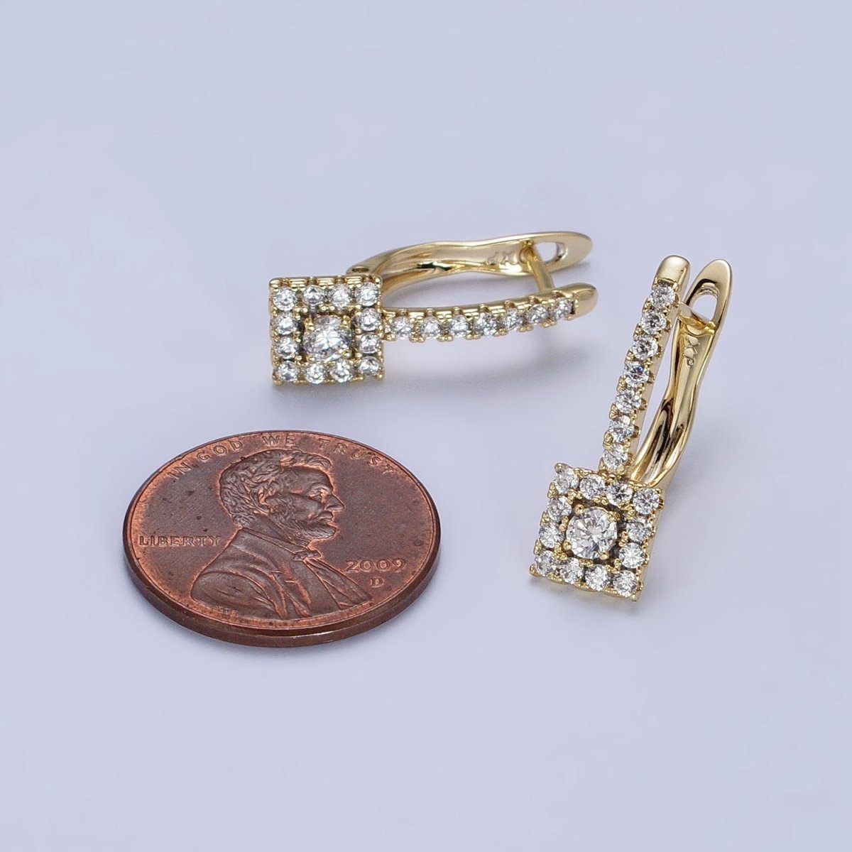 14K Gold Filled Clear Micro Paved CZ Square English Lock Earrings