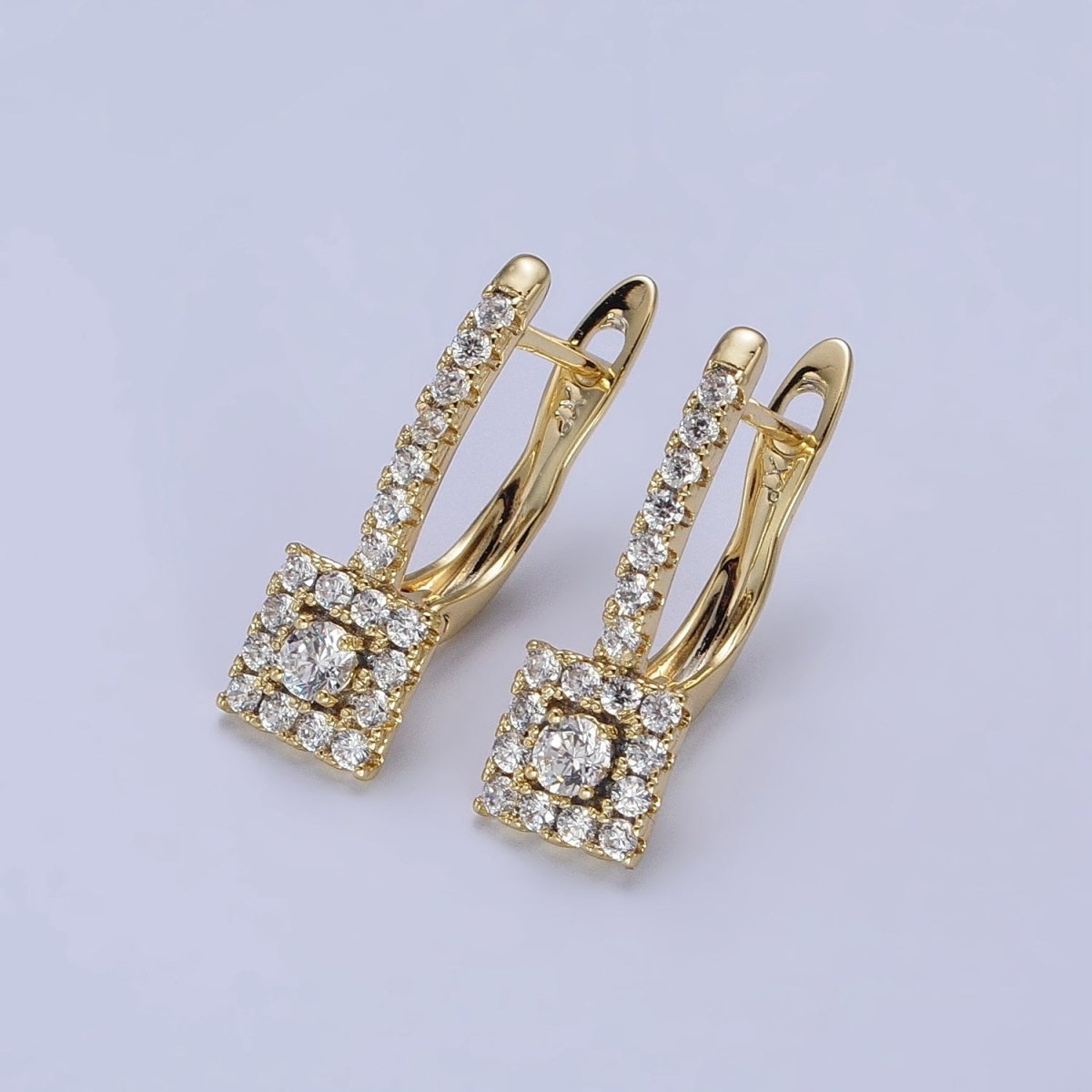 14K Gold Filled Clear Micro Paved CZ Square English Lock Earrings