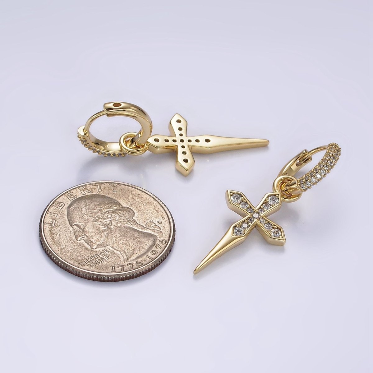14K Gold Filled Clear Micro Pave Passion Cross Drop Huggie Earrings