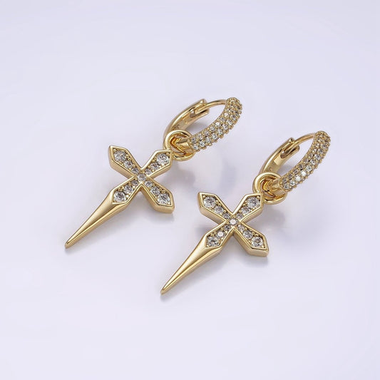 14K Gold Filled Clear Micro Pave Passion Cross Drop Huggie Earrings