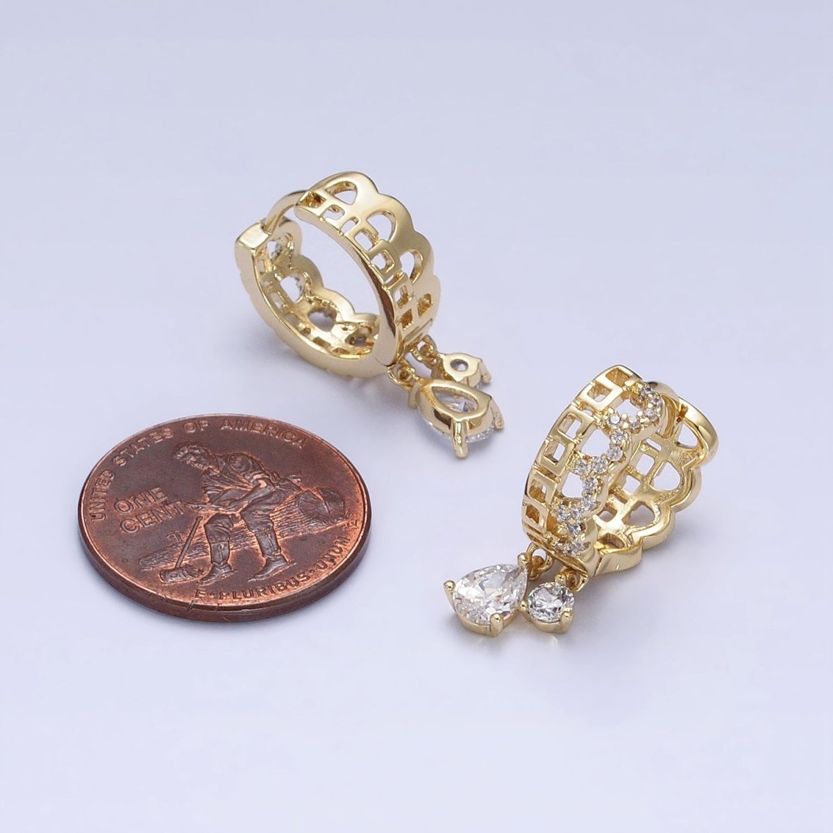 14K Gold Filled Clear Teardrop CZ Double Drop Geometric Boxy Rounded Micro Pave Huggie Earrings