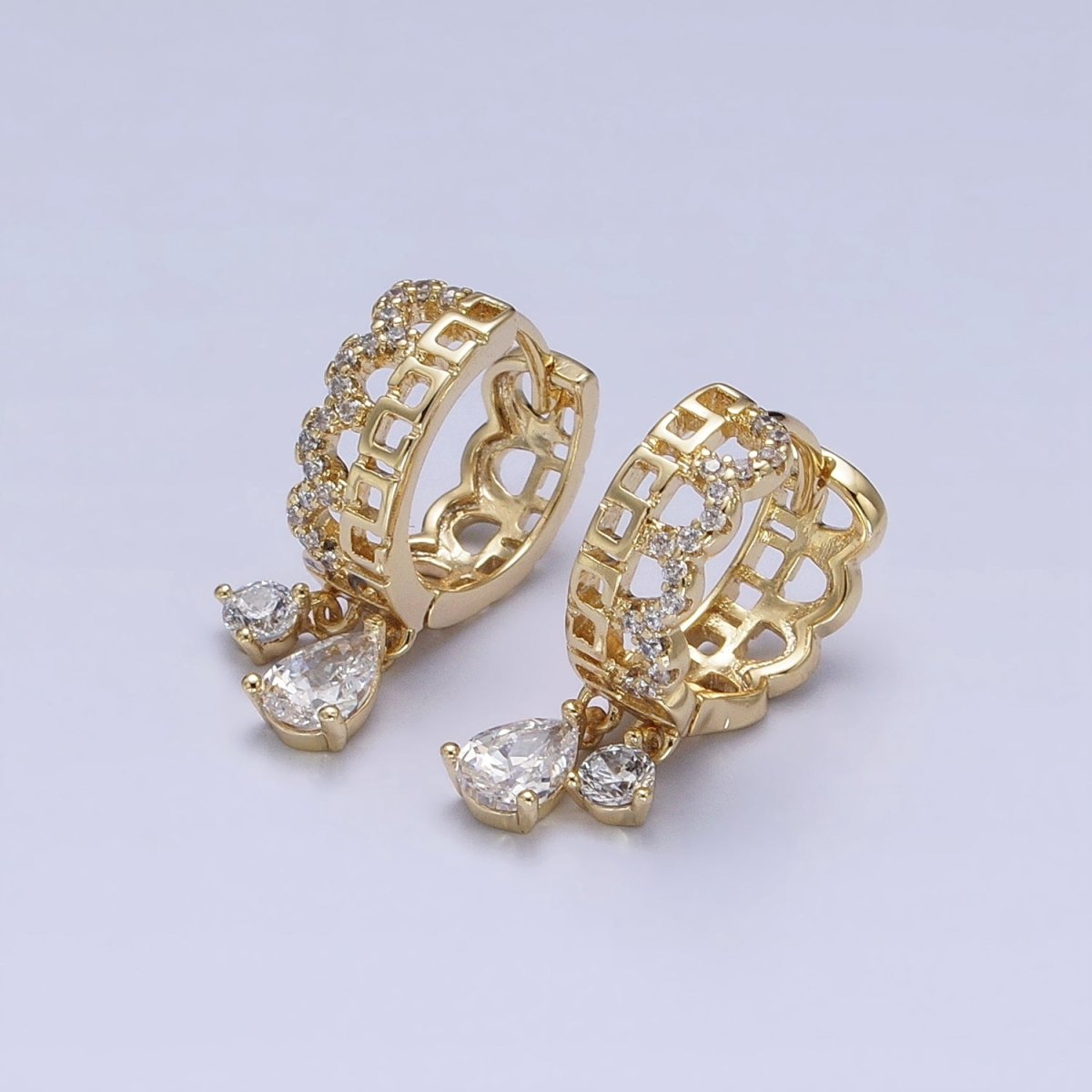 14K Gold Filled Clear Teardrop CZ Double Drop Geometric Boxy Rounded Micro Pave Huggie Earrings