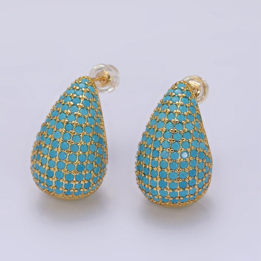 14K Gold Filled Clear, Turquoise, Green Micro Paved CZ Teardrop Dome C-Shaped Stud Earrings in Gold & Silver