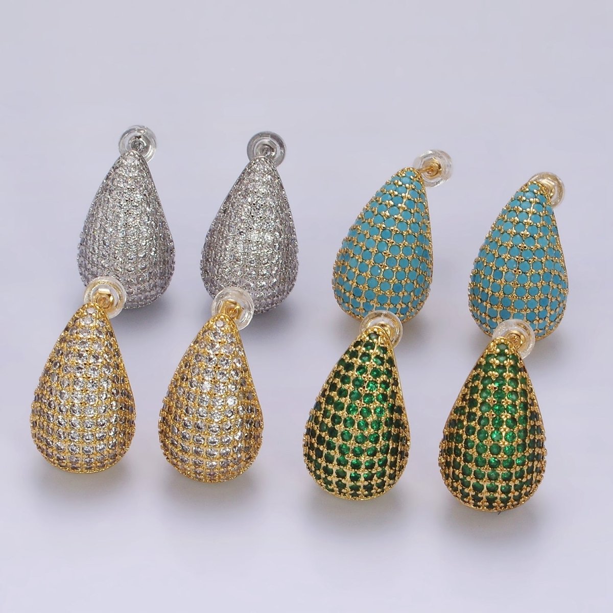 14K Gold Filled Clear, Turquoise, Green Micro Paved CZ Teardrop Dome C-Shaped Stud Earrings in Gold & Silver