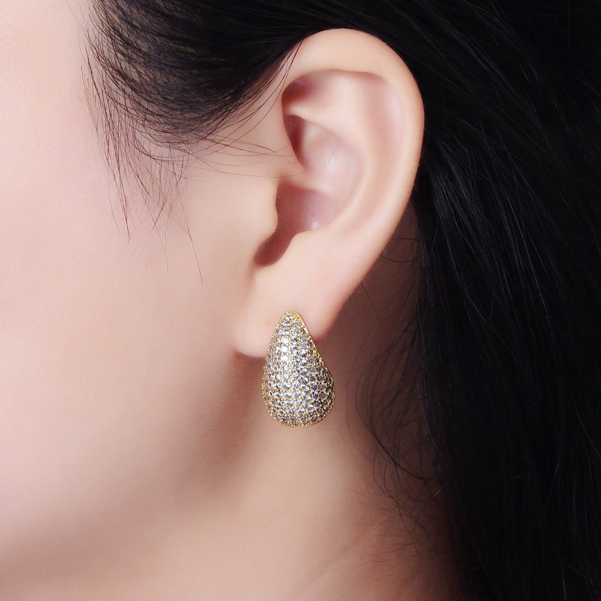 14K Gold Filled Clear, Turquoise, Green Micro Paved CZ Teardrop Dome C-Shaped Stud Earrings in Gold & Silver