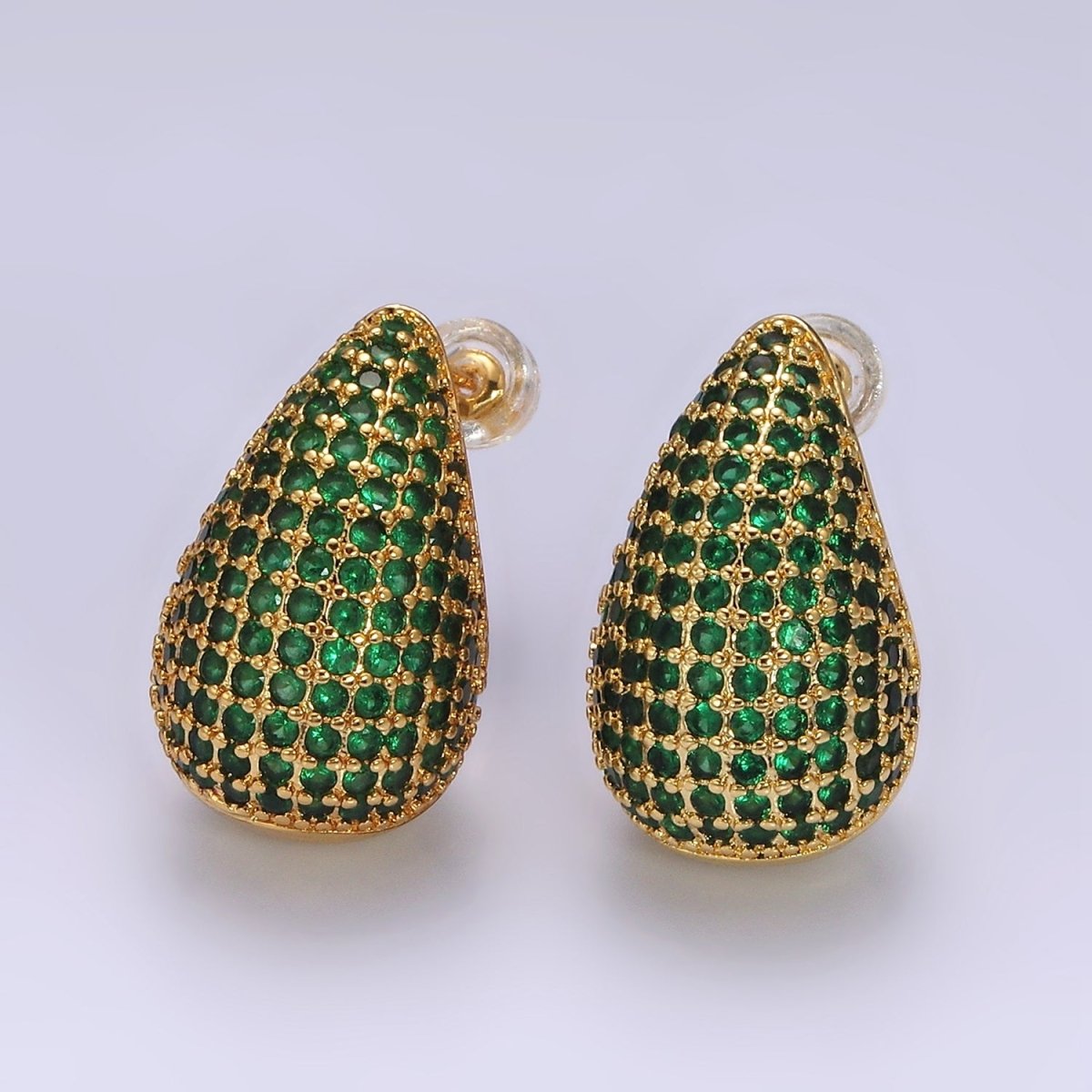 14K Gold Filled Clear, Turquoise, Green Micro Paved CZ Teardrop Dome C-Shaped Stud Earrings in Gold & Silver