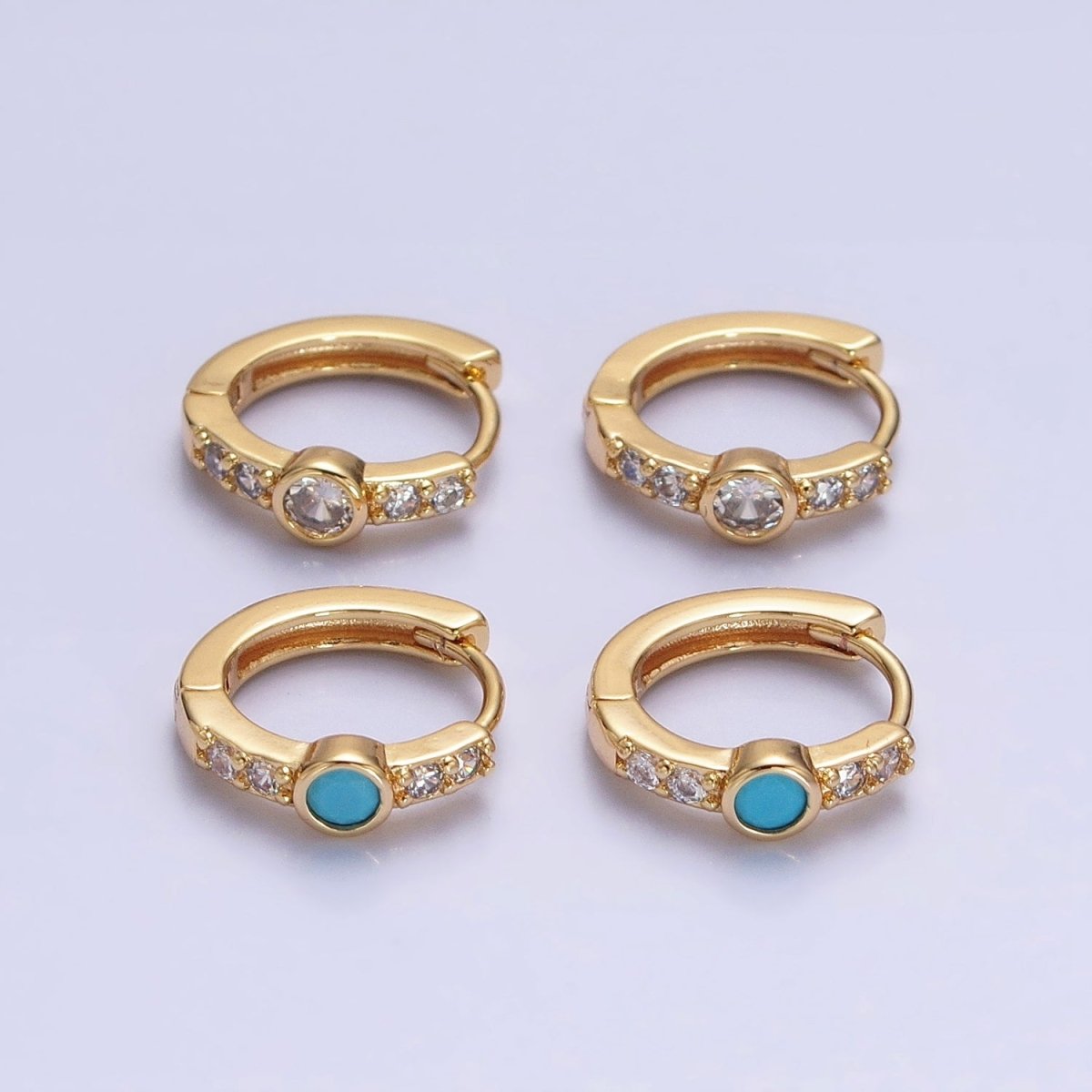 14K Gold Filled Clear or Turquoise Round Micro Pave CZ 13mm Cartilage Huggie Earrings in Gold & Silver