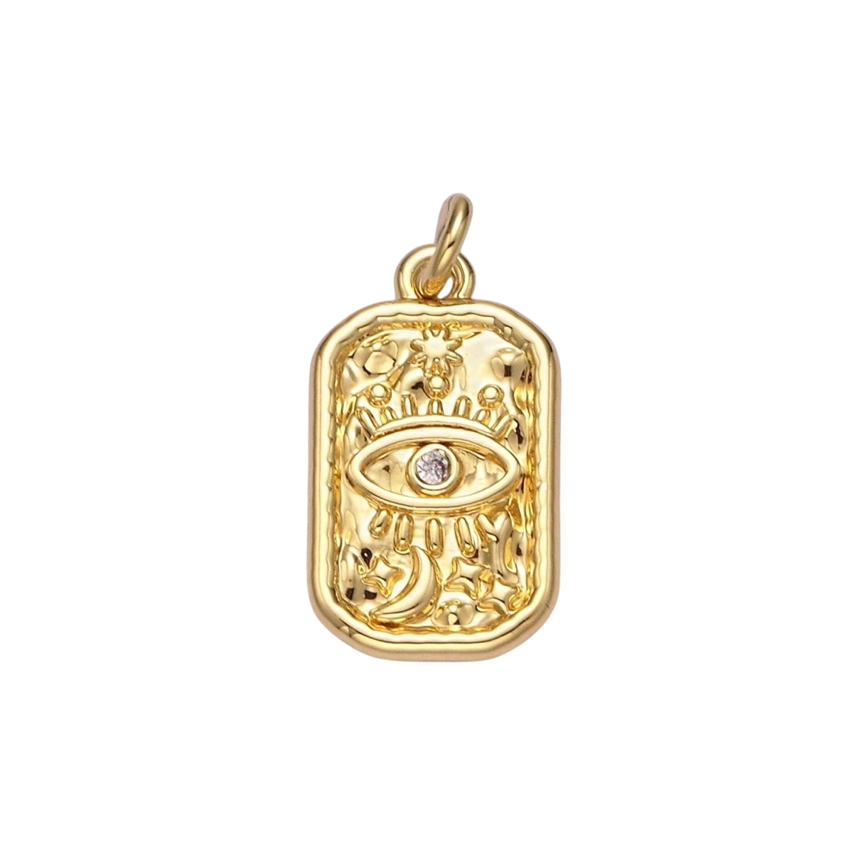 14K Gold Filled CZ Evil Eye Celestial Sun Moon Stars Hammered Rectangular Charm