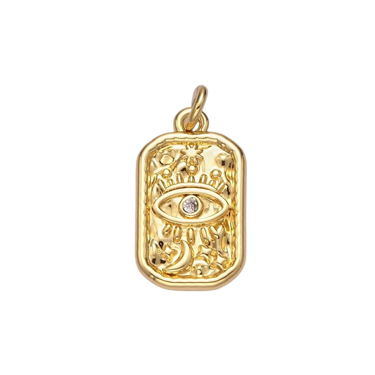 14K Gold Filled CZ Evil Eye Celestial Sun Moon Stars Hammered Rectangular Charm