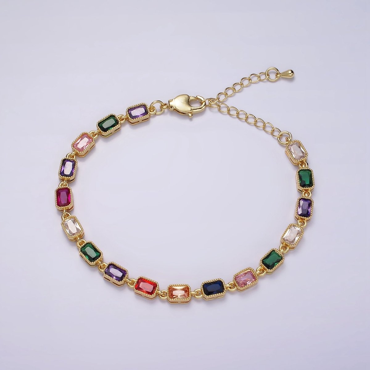 14K Gold Filled CZ Multicolor Baguette Bezel 7 Inch Bracelet in Gold & Silver
