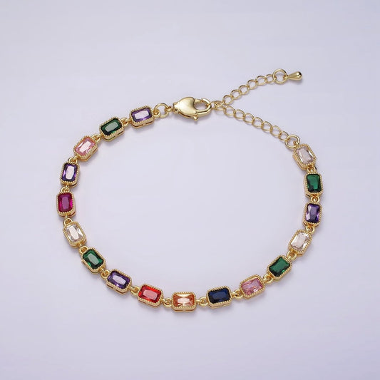 14K Gold Filled CZ Multicolor Baguette Bezel 7 Inch Bracelet in Gold & Silver
