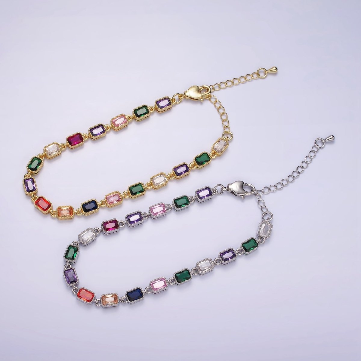 14K Gold Filled CZ Multicolor Baguette Bezel 7 Inch Bracelet in Gold & Silver