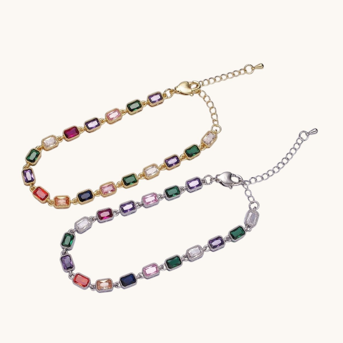 14K Gold Filled CZ Multicolor Baguette Bezel 7 Inch Bracelet in Gold & Silver