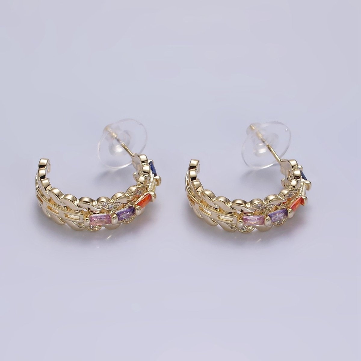 14K Gold Filled CZ Multicolor Baguette Micro Pave Triple Band C-Shaped Earrings in Gold & Silver