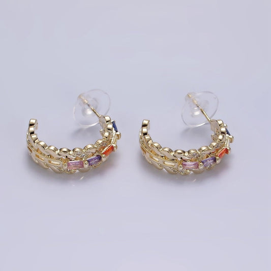 14K Gold Filled CZ Multicolor Baguette Micro Pave Triple Band C-Shaped Earrings in Gold & Silver