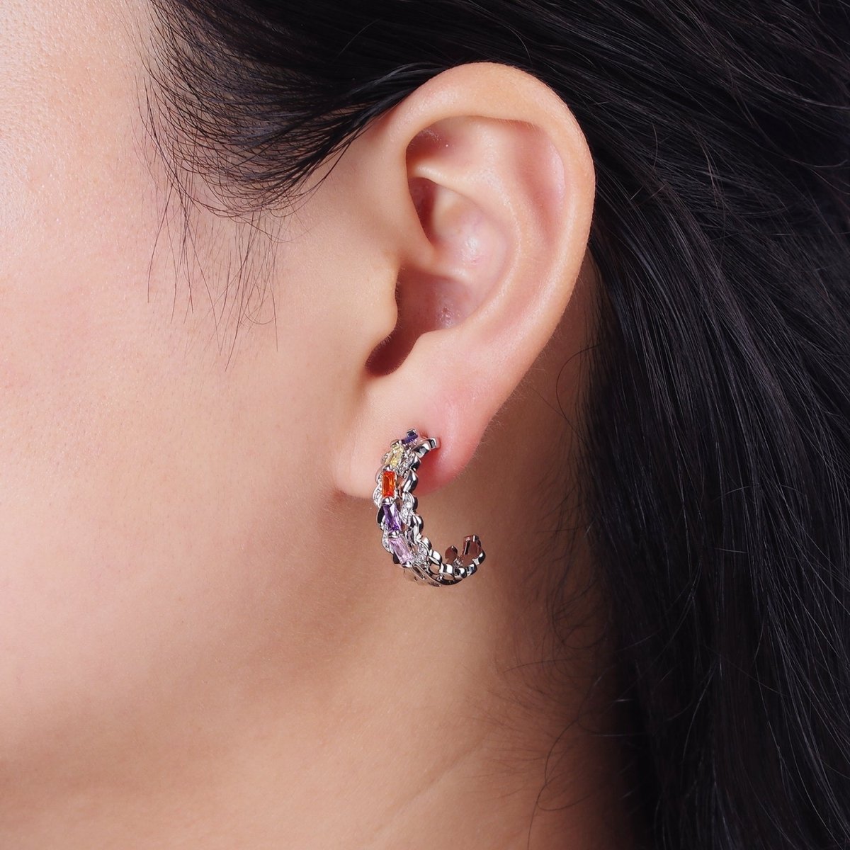 14K Gold Filled CZ Multicolor Baguette Micro Pave Triple Band C-Shaped Earrings in Gold & Silver