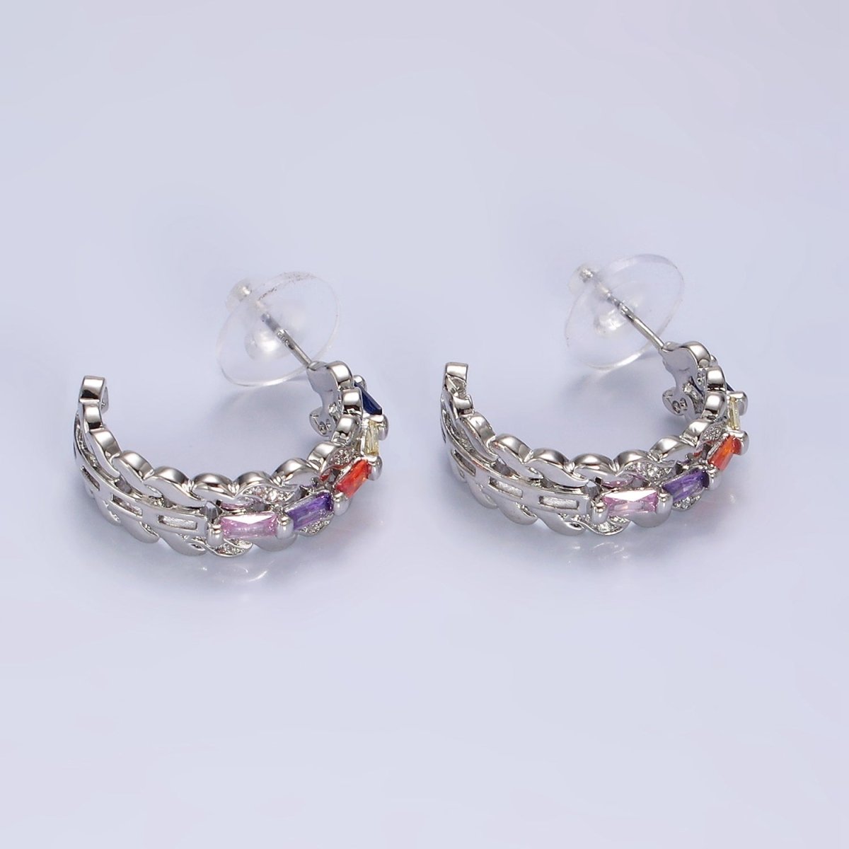 14K Gold Filled CZ Multicolor Baguette Micro Pave Triple Band C-Shaped Earrings in Gold & Silver