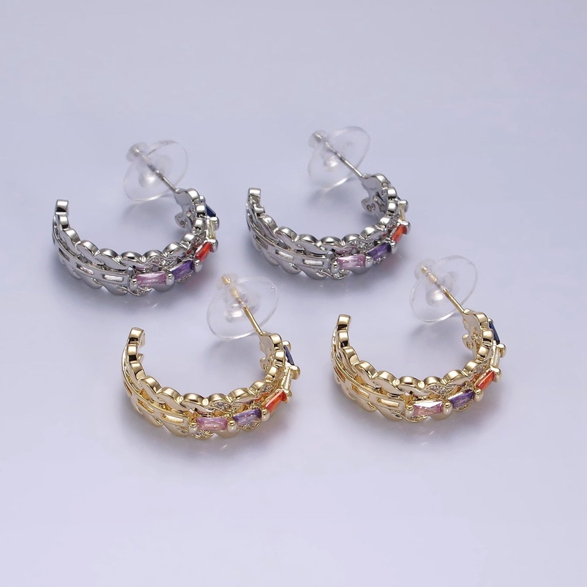 14K Gold Filled CZ Multicolor Baguette Micro Pave Triple Band C-Shaped Earrings in Gold & Silver