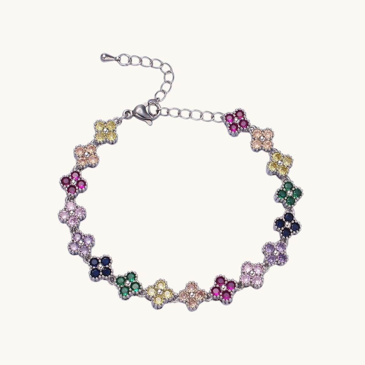 14K Gold Filled CZ Multicolor Flower 6 Inch Bracelet in Gold & Silver