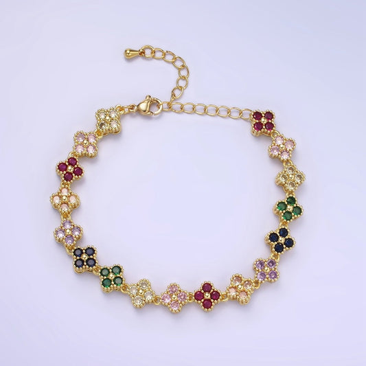 14K Gold Filled CZ Multicolor Flower 6 Inch Bracelet in Gold & Silver