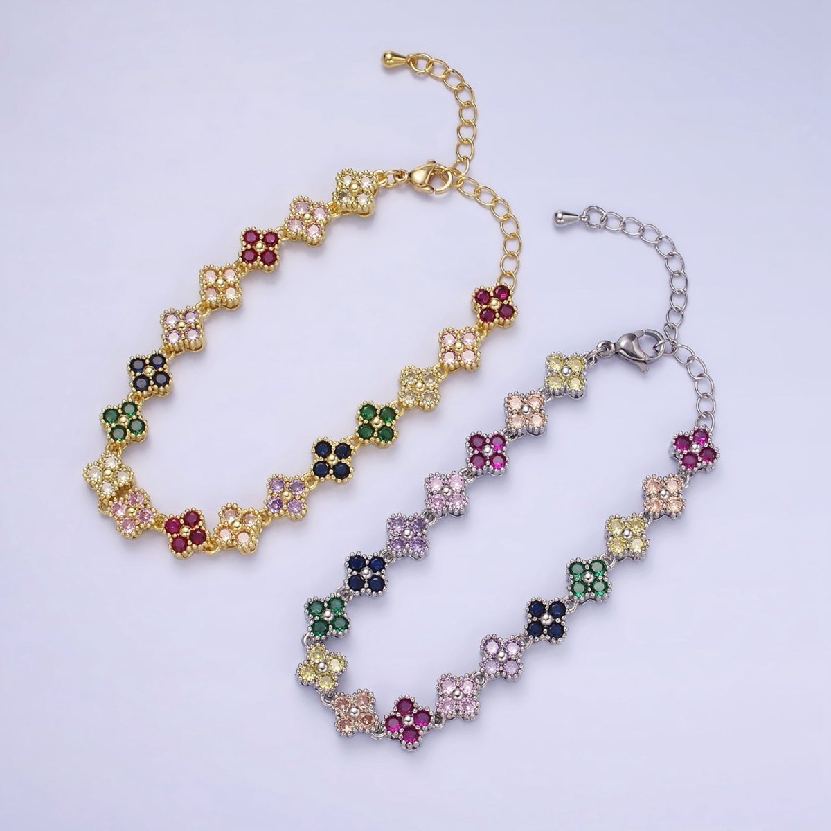 14K Gold Filled CZ Multicolor Flower 6 Inch Bracelet in Gold & Silver