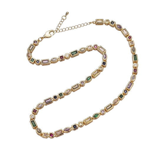 Beautiful 14K Gold Filled CZ Multicolor Geometric 16 Inch Choker Designed Necklace in Silver