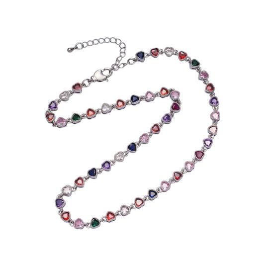 14K Gold Filled CZ Multicolor Heart Bezel 15 Inch Necklace in Gold & Silver