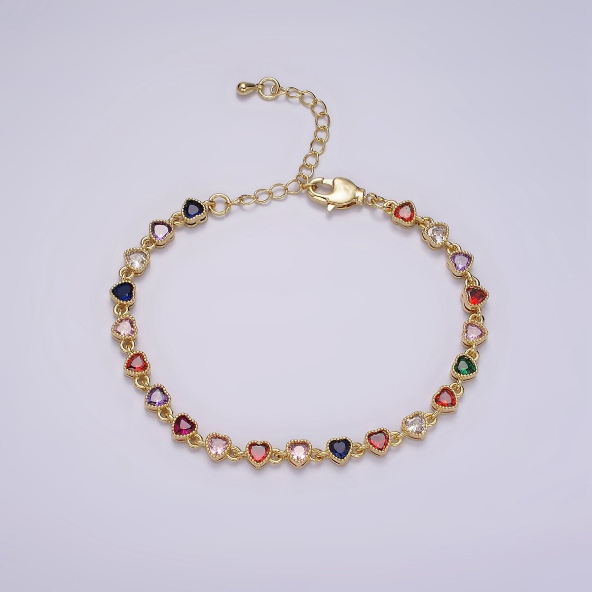 14K Gold Filled CZ Multicolor Heart Bezel 7 Inch Bracelet in Gold