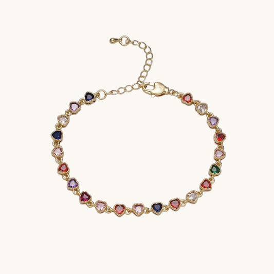 14K Gold Filled CZ Multicolor Heart Bezel 7 Inch Bracelet in Gold
