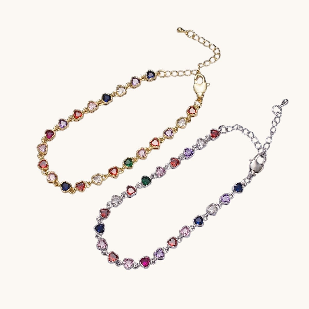 14K Gold Filled CZ Multicolor Heart Bezel 7 Inch Bracelet in Gold