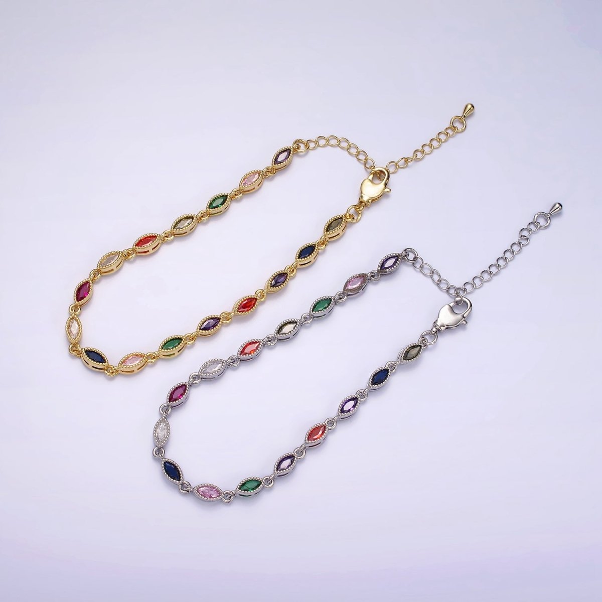 14K Gold Filled CZ Multicolor Marquise Bezel 7 Inch Bracelet in Gold