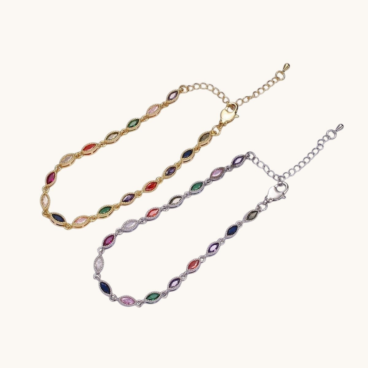 14K Gold Filled CZ Multicolor Marquise Bezel 7 Inch Bracelet in Gold
