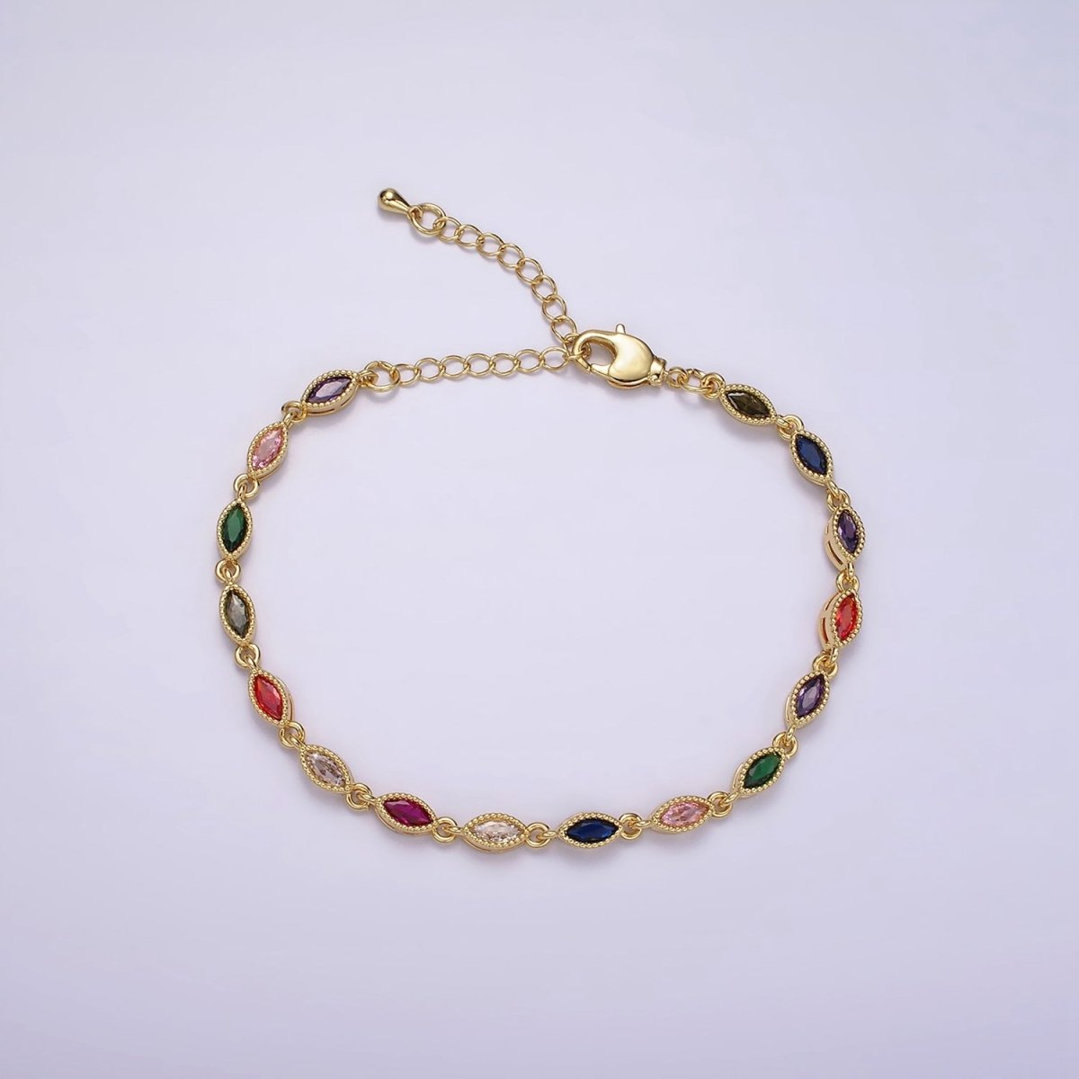 14K Gold Filled CZ Multicolor Marquise Bezel 7 Inch Bracelet in Gold