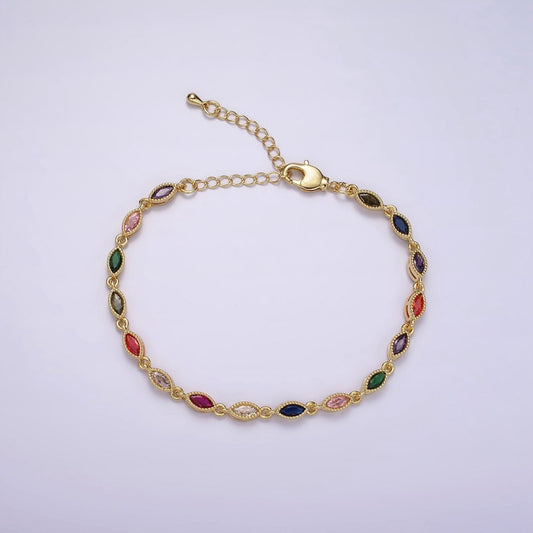 14K Gold Filled CZ Multicolor Marquise Bezel 7 Inch Bracelet in Gold