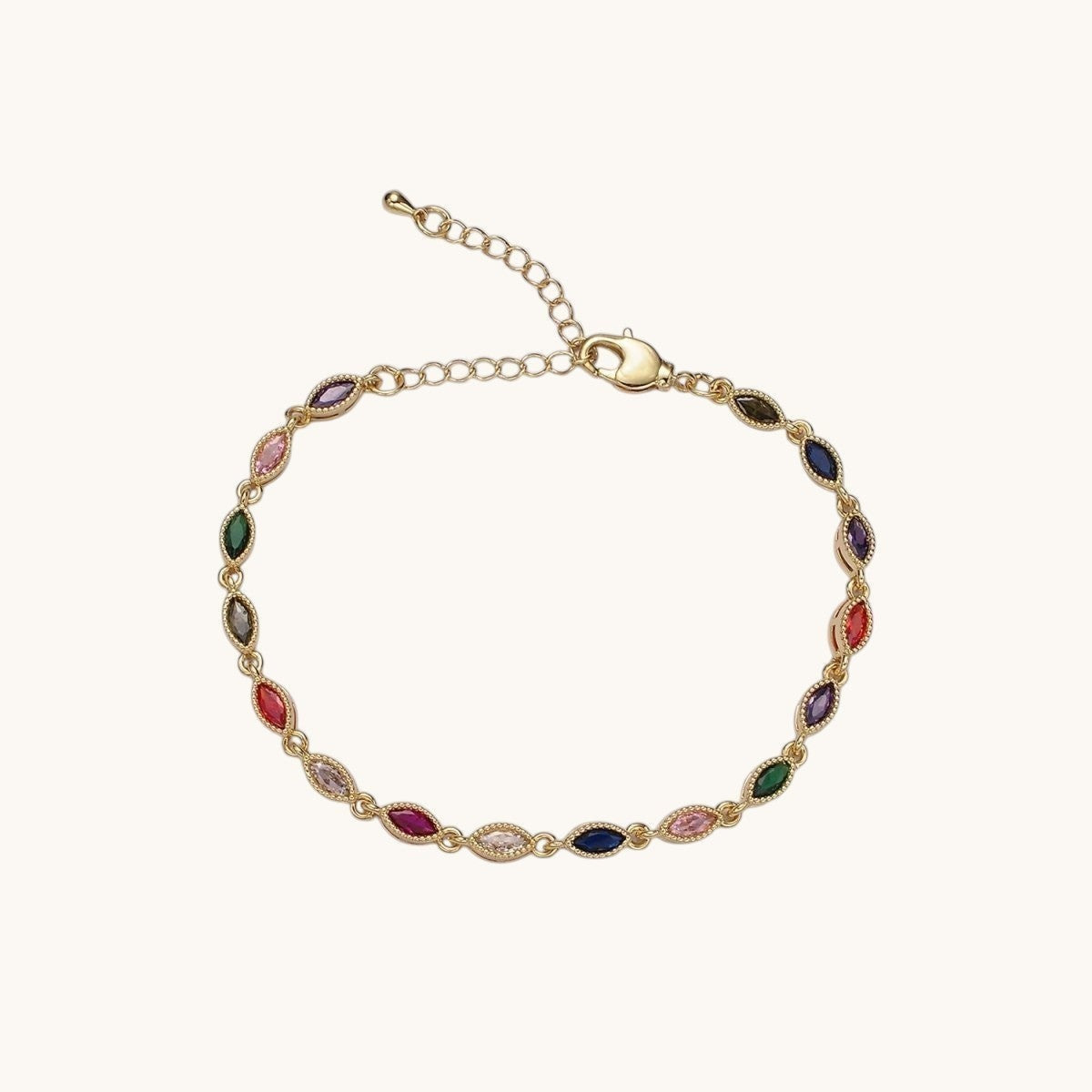 14K Gold Filled CZ Multicolor Marquise Bezel 7 Inch Bracelet in Gold