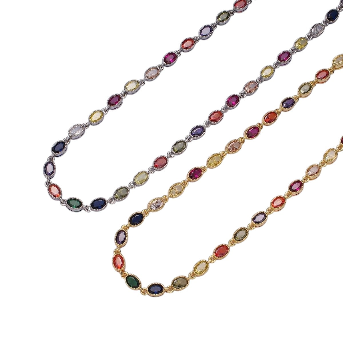 Stunning 14K Gold Filled CZ Multicolor Oval Bezel 16 Inch Necklace in Gold & Silver