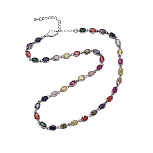Stunning 14K Gold Filled CZ Multicolor Oval Bezel 16 Inch Necklace in Gold & Silver