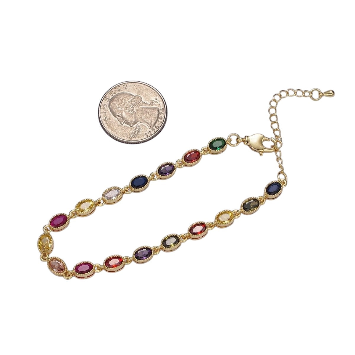 14K Gold Filled CZ Multicolor Oval Bezel 7 Inch Bracelet in Gold