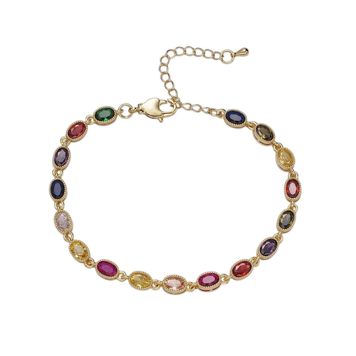 14K Gold Filled CZ Multicolor Oval Bezel 7 Inch Bracelet in Gold