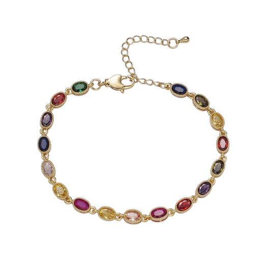 14K Gold Filled CZ Multicolor Oval Bezel 7 Inch Bracelet in Gold
