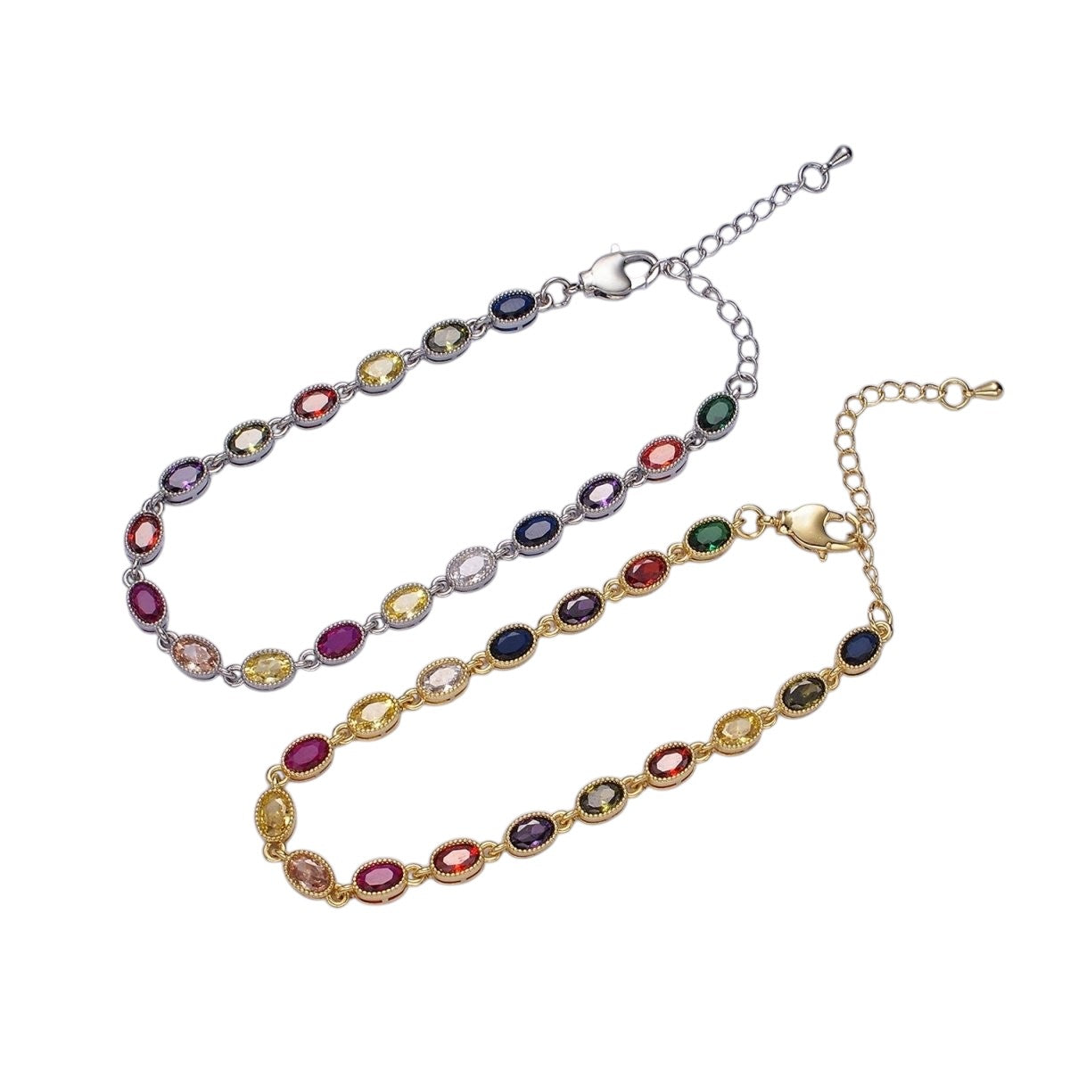 14K Gold Filled CZ Multicolor Oval Bezel 7 Inch Bracelet in Gold