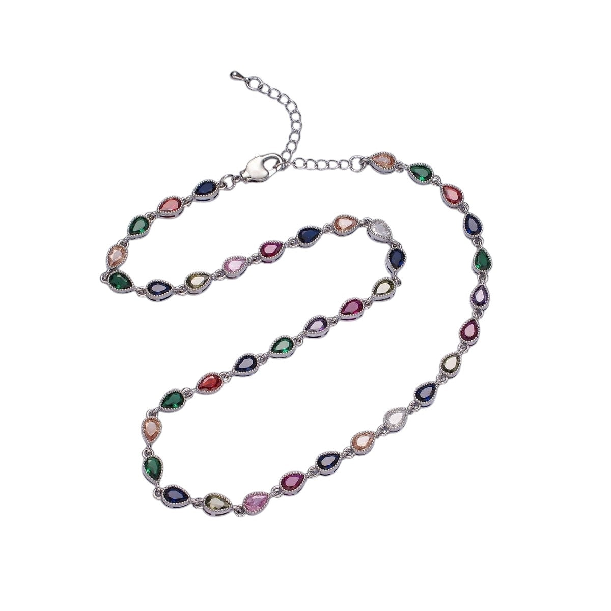 Beautiful 14K Gold Filled CZ Multicolor Teardrop Bezel 15 Inch Necklace in Gold & Silver